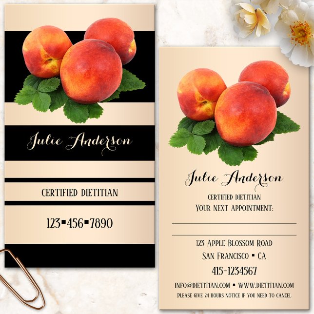 Geschäftskarte für den Ernährungswissenschaftler Terminkarte (Nutritionist business card featuring a striped design in black and light rose gold with peaches)
