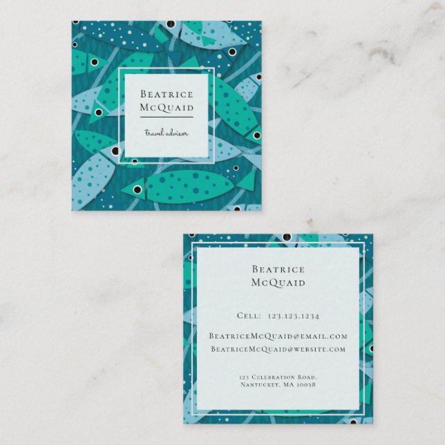 Geschäftskarte Nautic Swimming Fish Travel Quadratische Visitenkarte (Vorne/Hinten)