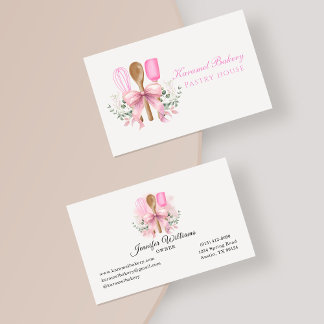 Geschäftskarte Wasserfarben Pink Bow Utensil Bäcke Visitenkarte