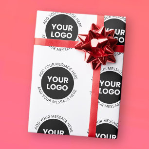 Geschäftslogo & bearbeitbarer Text Weiß & Schwarz Geschenkpapier