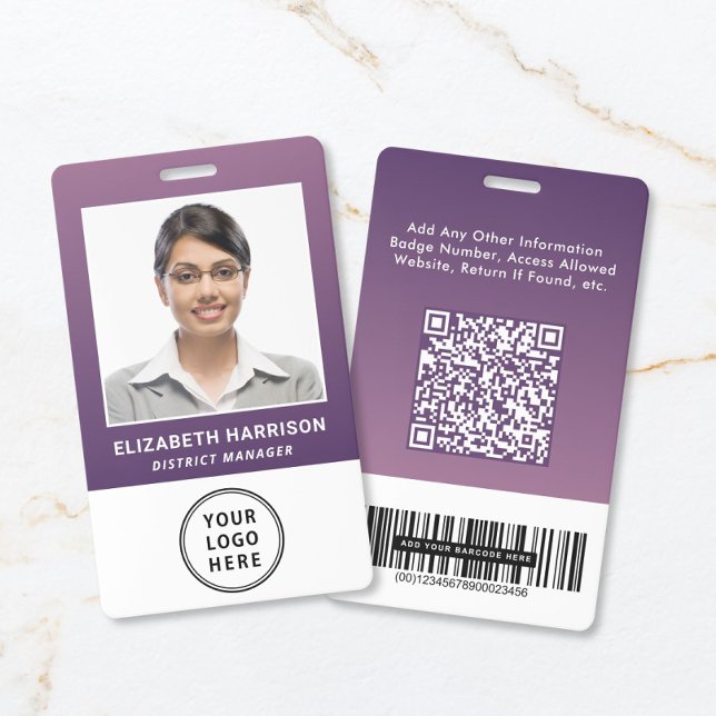 Geschäftslogo QR-Code Barcode Lila Fotoausweis Ausweis (Business Logo QR Code Barcode Purple Photo ID Badge)