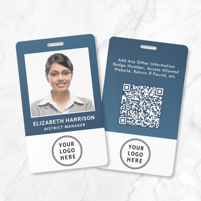 Geschäftslogo QR-Code Blau Mitarbeiterausweis Foto Ausweis (Business Logo QR Code Blue Employee Photo ID Badge)