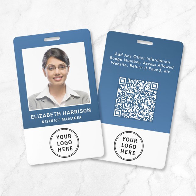 Geschäftslogo QR-Code Blau Mitarbeiterausweis Foto Ausweis (Business Logo QR Code Blue Employee Photo ID Badge)
