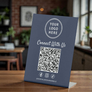 Geschäftslogo QR-Code Blau Tischplatte Sockelschild