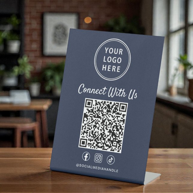 Geschäftslogo QR-Code Blau Tischplatte Sockelschild (Business Logo QR Code Blue Tabletop Pedestal Sign)