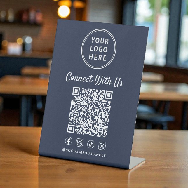 Geschäftslogo QR-Code Blau Tischplatte Sockelschild (Business Logo QR Code Blue Tabletop Pedestal Sign)