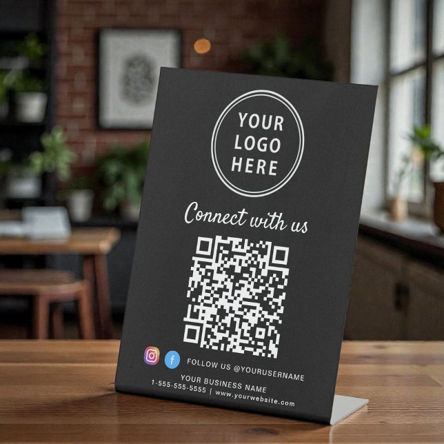 Geschäftslogo QR-Code-Connect mit uns Tischaufstel Sockelschild (Business Logo QR Code Connect With Us Tabletop Pedestal Sign)
