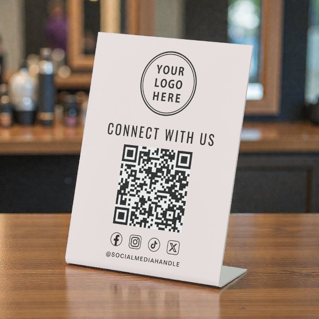 Geschäftslogo QR-Code Rosa Tischaufsteller Sockelschild (Business Logo QR Code Pink Tabletop Pedestal Sign)
