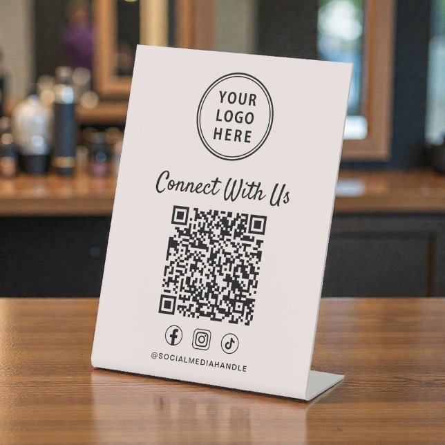 Geschäftslogo QR-Code Rosa Tischständer Sockelschild (Business Logo QR Code Pink Tabletop Pedestal Sign)