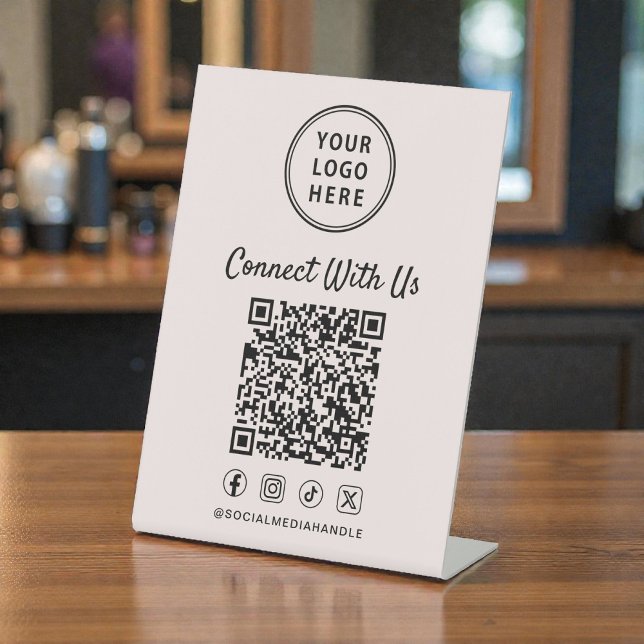 Geschäftslogo QR-Code Rosa Tischständer Sockelschild (Business Logo QR Code Pink Tabletop Pedestal Sign)