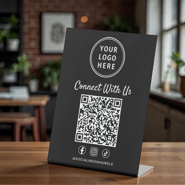 Geschäftslogo QR-Code schwarzes Tischdisplay Sockelschild (Business Logo QR Code Black Tabletop Pedestal Sign)