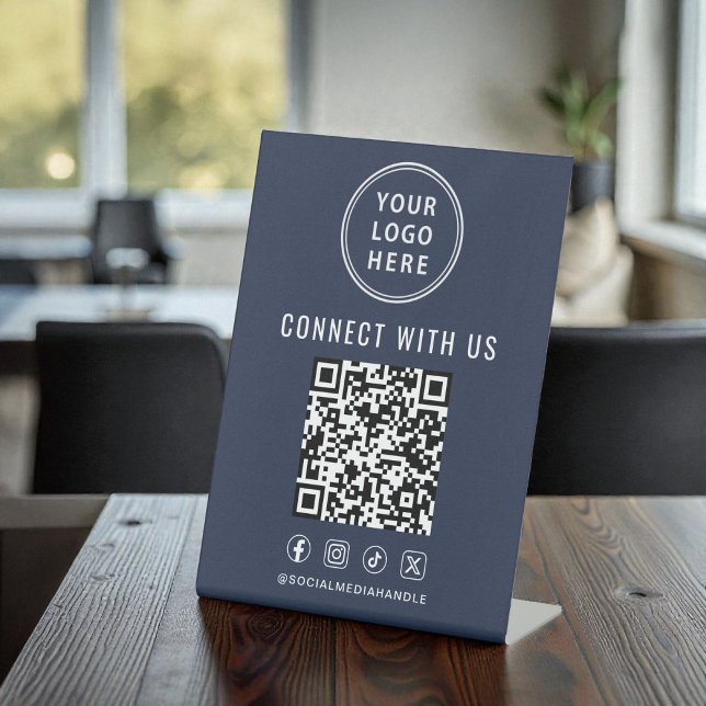 Geschäftslogo QR-Code Social Media Blau Sockelschild (Business Logo QR Code Blue Tabletop Pedestal Sign)
