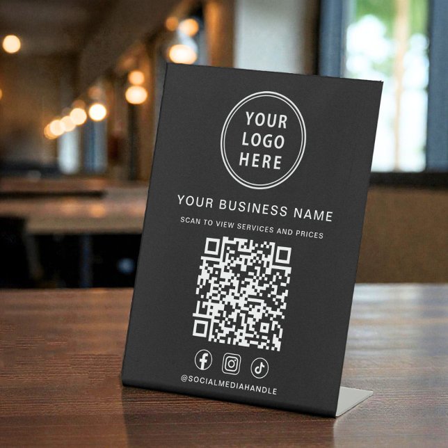 Geschäftslogo QR-Code Social Media Schwarz Sockelschild (Business Logo QR Code Social Media Black Pedestal Sign)