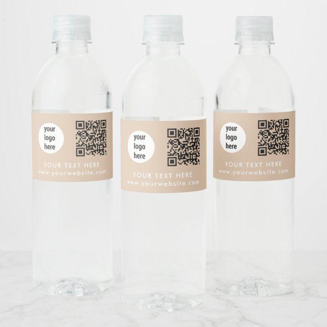 Geschäftslogo QR-Code Text Website Beige Kunde Wasserflaschenetikett (Flaschen)