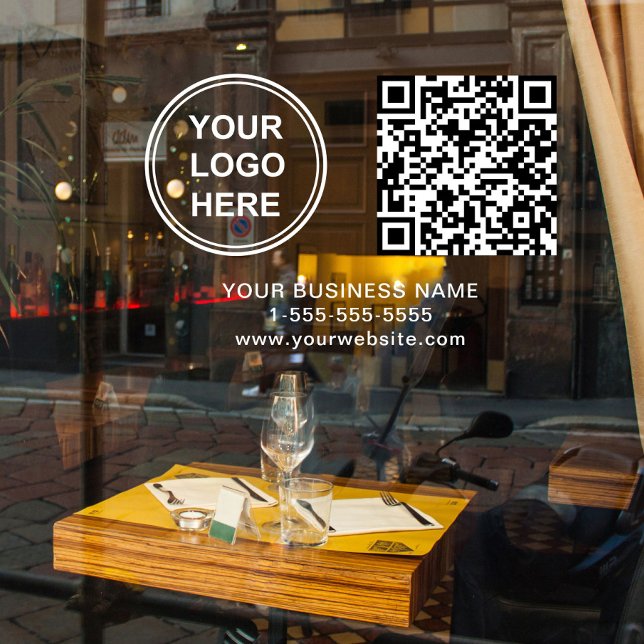 Geschäftslogo QR-Code Weiße Beschriftung Horizonta Fensteraufkleber (Business Logo QR Code White Lettering Horizontal Window Cling)