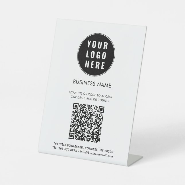 Geschäftslogo und QR-Code individuell anpassbar Sockelschild (Vorderseite)