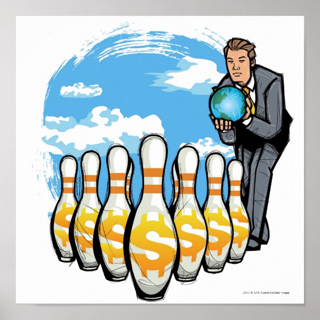 Geschäftsmann Bowling auf dem Globus in Richtung G Poster (Vorne)