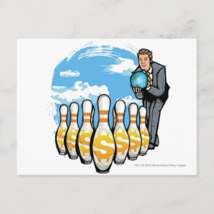 Geschäftsmann Bowling auf dem Globus in Richtung G Postkarte