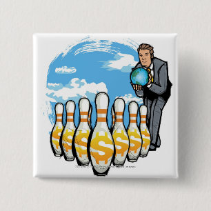 Geschäftsmann-Bowling eine Kugel in Richtung zu Button