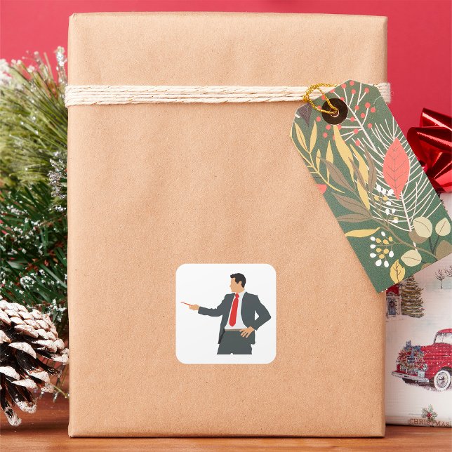 Geschäftsmann mit Zeiger in einem Aufkleber für de (Von Creator hochgeladen)