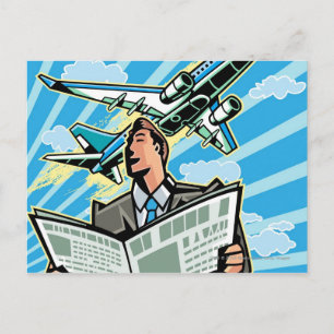 Geschäftsmann mit Zeitung und Flugzeug oben Postkarte