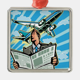 Geschäftsmann mit Zeitung und Flugzeug oben Silbernes Ornament