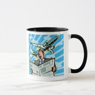 Geschäftsmann mit Zeitung und Flugzeug oben Tasse