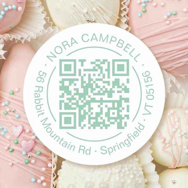 Geschäftsname Anschrift Circle Frame QR Code Minze Runder Aufkleber (Modern, elegant business name, QR code round sticker with circle frame in mint.)