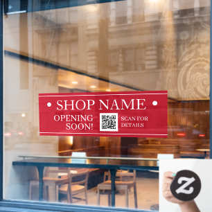 GESCHÄFTSNAME, Bald Öffnend, QR-Code, Rot & Weiß Fensteraufkleber