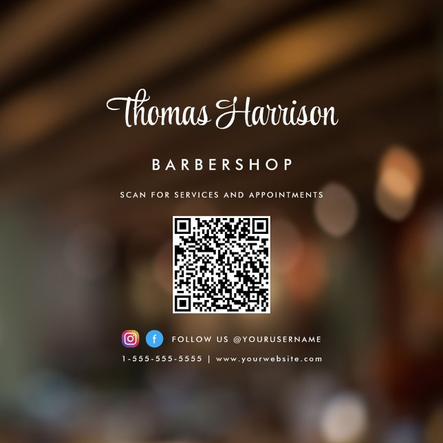 Geschäftsname Stylish Signature Script QR Code Fensteraufkleber (Elevate your business with a custom logo, QR code and social media window cling sign)