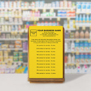 Geschäftsprodukte oder -dienstleistungen auf gelbe briefpapier