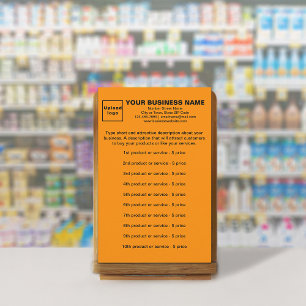 Geschäftsprodukte oder Dienstleistungen auf orange Briefpapier
