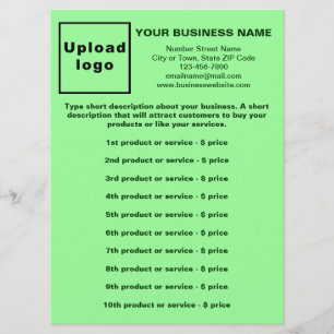 Geschäftsprodukte und Preise auf leicht grünem Men Menükarte