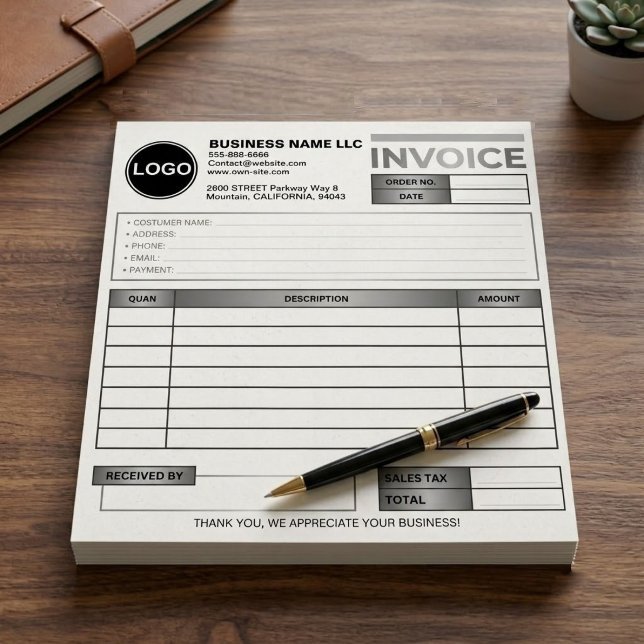 Geschäftsrechnungsverkaufsformularvorlage | INDIVI Notizblock (custom silver logo invoice pad, black white business receipt book, custom small business sales form)