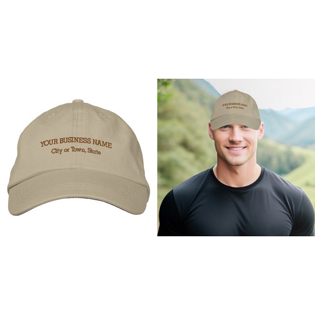 Geschäftstext bestickt mit Khaki Cap Bestickte Baseballkappe (Business name and location embroidered on khaki cap)