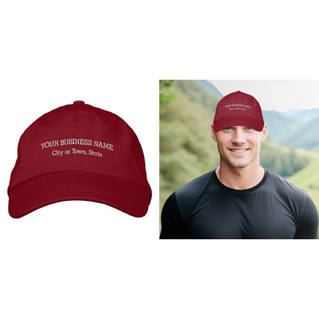 Geschäftstext bestickt mit roter Cap Bestickte Baseballkappe (Business name and location embroidered on red cap)
