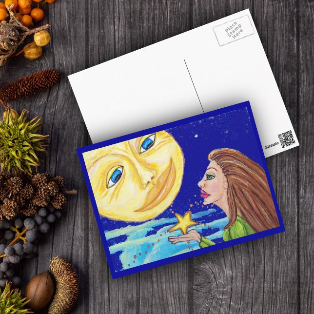 Geschenk für die Mondpostkarte Postkarte (Lady giving a yellow star to full moon with smiling face in night sky with clouds on postcard.)