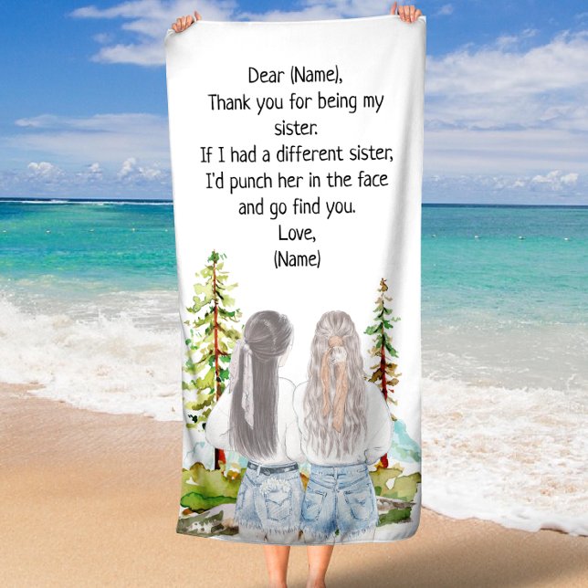 Geschenk für Sister mit benutzerdefinierter Meldun Strandtuch (Watercolor Landscape with 2 Girls Custom Message Beach Towel)