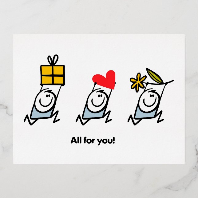 Geschenk, Herz und Blume Folien Feiertagspostkarte (Vorderseite)