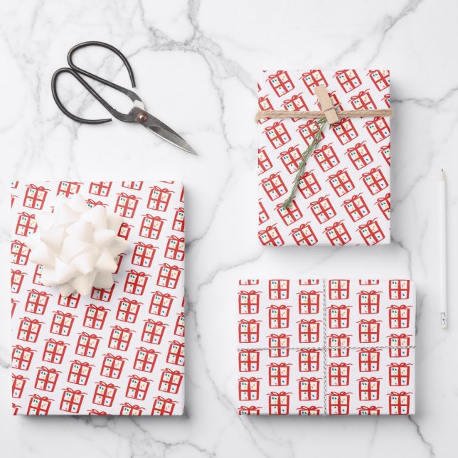 Geschenk-Schleifen-Doodle WEIHNACHTEN Rot Weiß Geschenkpapier Set (Vorderseite)