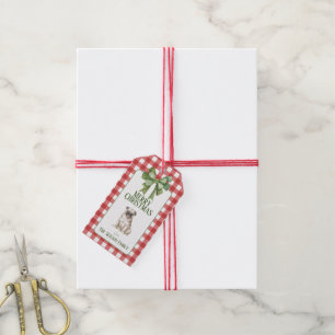 Geschenk Tag Dog Mops Watercolor Gingham Weihnacht Geschenkanhänger