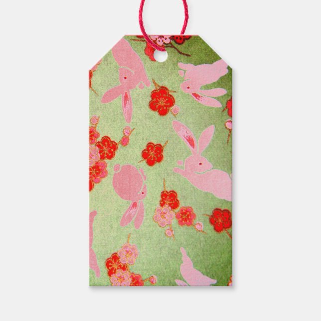 Geschenk Tag JAPANESE PINK BUNNIEN AUF GRÜNE Geschenkanhänger (Vorderseite)