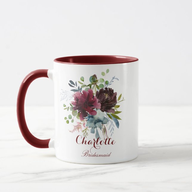 Geschenk von Burgundy Navy, Floral Bridesmaid Tasse (Links)