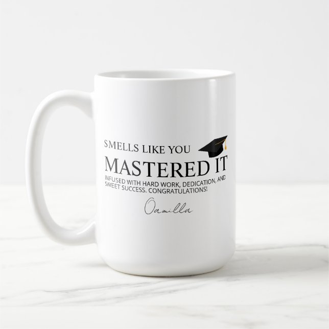 Geschenk zur Master-Abschlussfeier Lustige Gratula Kaffeetasse (Links)