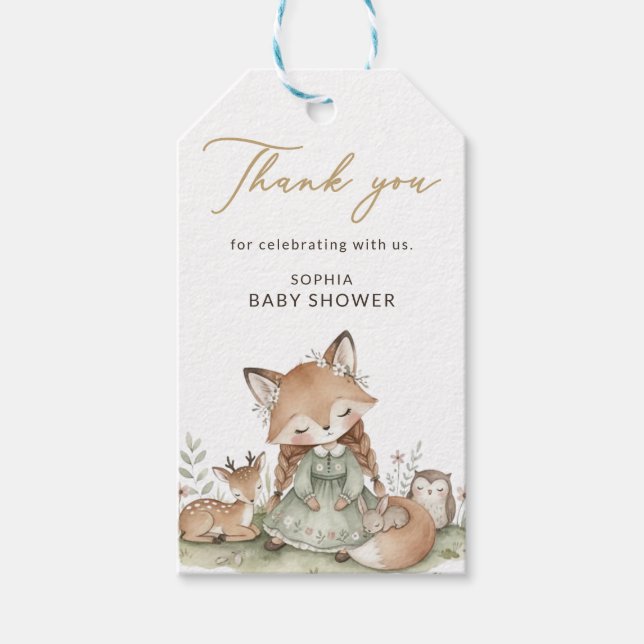 Geschenkanhänger für Baby Shower mit Wald-Fuchs-Mä (Vorderseite)