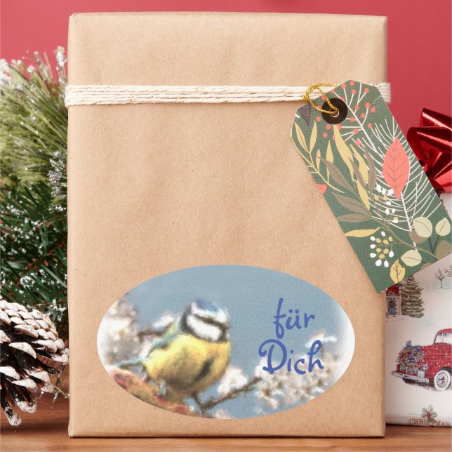 Geschenkaufkleber -  Blaumeise - Aquarell Ovaler Aufkleber (Feiertag)