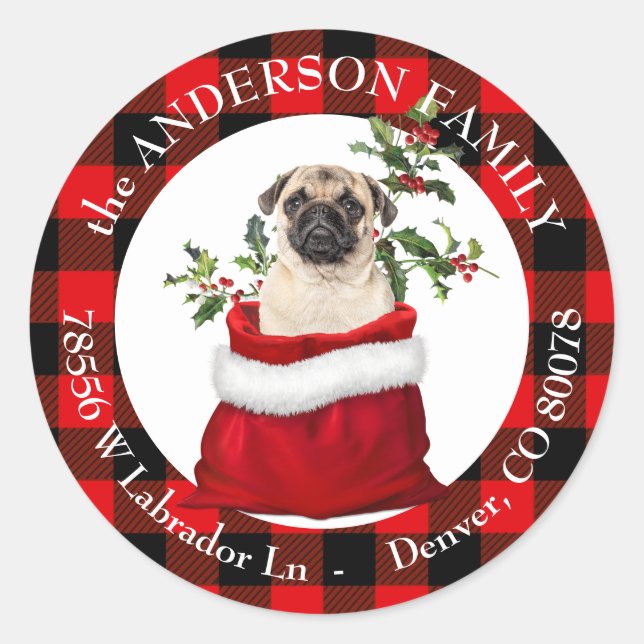 Geschenkbeutel Niedlicher Mops Dog Karierte Rahmen Runder Aufkleber (Vorderseite)