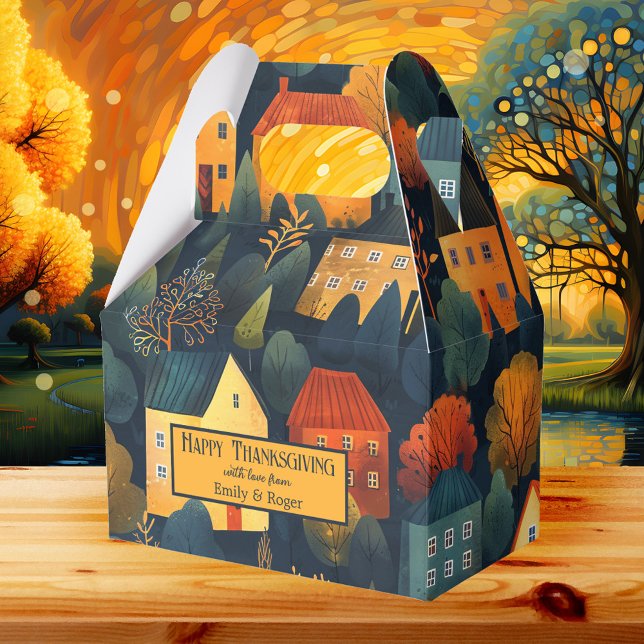 Geschenkboxen des bunten Erntedanks Geschenkschachtel (Autumn gift box showing a painting of colorful houses in bold fall colors. Great for Thanksgiving)