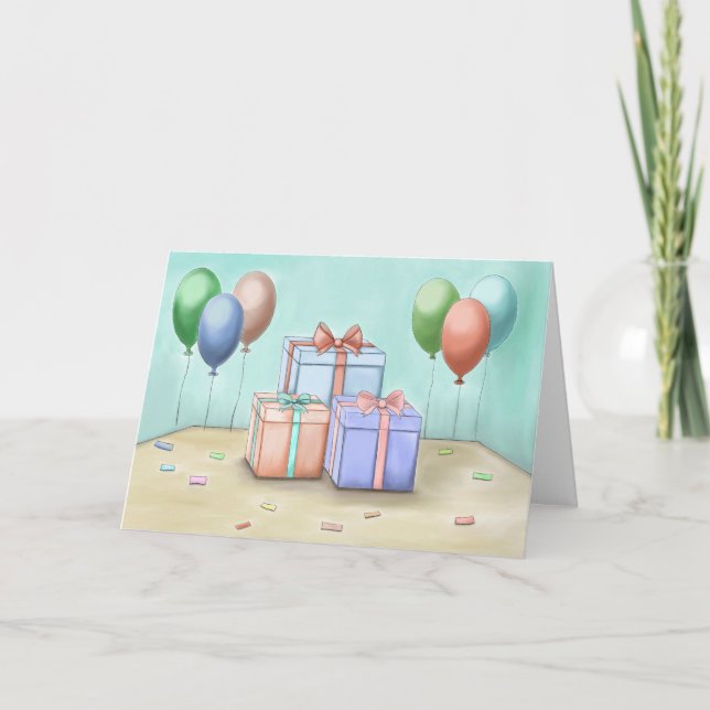Geschenkboxen mit Ballons Feiertagskarte (Vorderseite)
