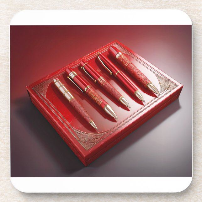 Geschenkboxen und fünf einzigartige Kugelschreiber Getränkeuntersetzer (Vorderseite)